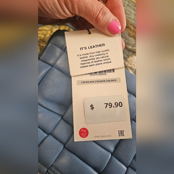 ZARA 100% Sheep Leather Quilted Crossbody Purse In Blue. NWT - Picture 7 of 16